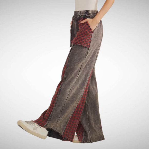 Sage + Fig Grunge Patch Plaid Wide-Leg Pants Navy/Red Size S - Picture 2 of 3